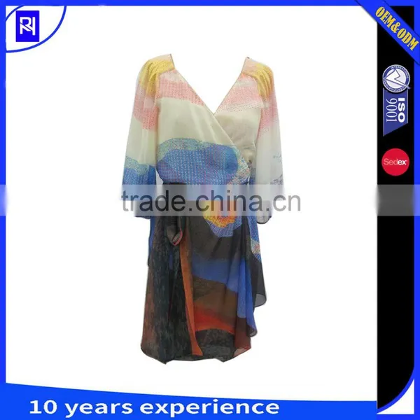100% Silk Chiffon Digital Print Wrap Dress Self Fabric Tie Long Sleeve Knee Length Placement Cut Elegant Graceful Casualwear