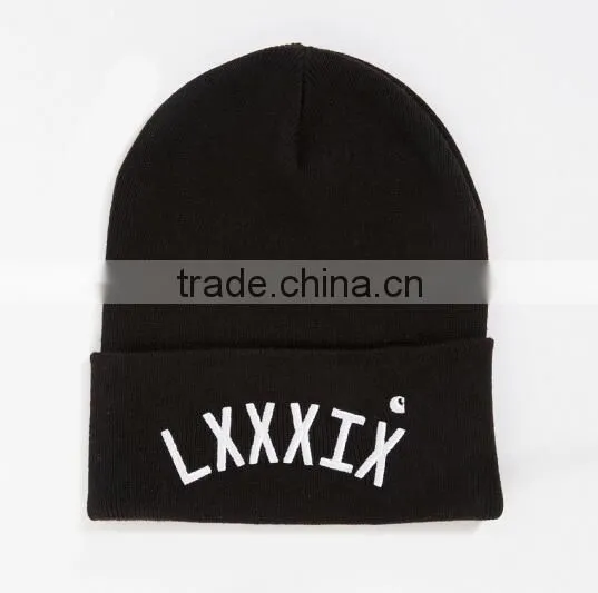 Promotional Black Beanie Winter Hat/Wholesale Knitted Embroidered Beanie