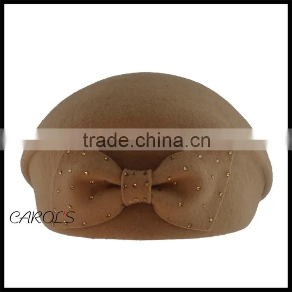 Wool Felt Beret Hat With Bowknot Beanie Cap