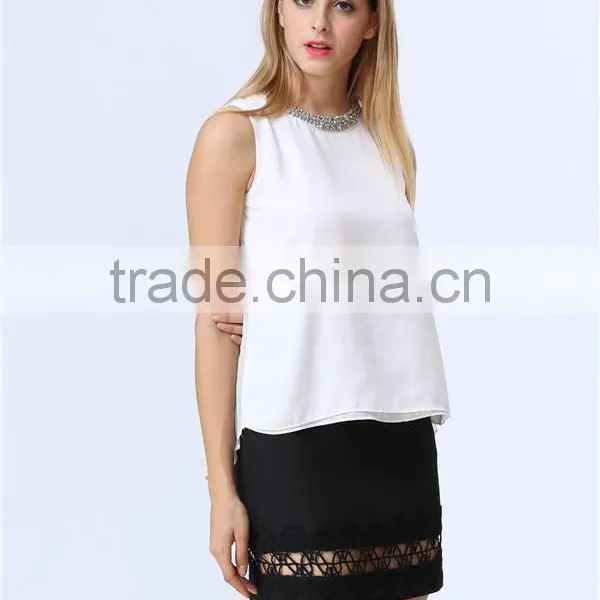 Women Fashion Casual Tops With Beaded Neckline and Pleazed Chiffon Back Details photo-4