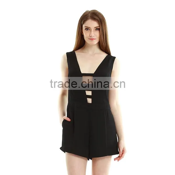 Female Sexy Deep V Neck Hollow Sleeveless Black Jumpsuit Pants Romper Short Overalls Pants photo-2