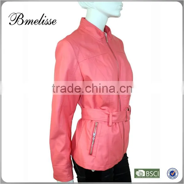2014-2015 Wholesale Fashion Women pu Leather Jacket Pink Stylish Women's Black Leather Jacket photo-2