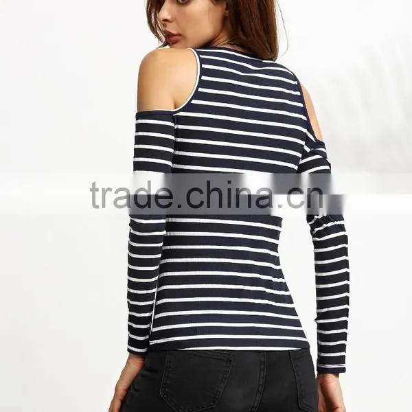 APPAREL Navy Striped Open Shoulder Ribbed T-shirt photo-2