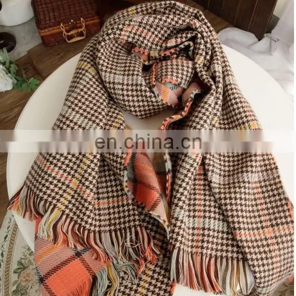 Double Lattice Scarf British Style Classic Houndstooth Cashmere Scarf photo-2