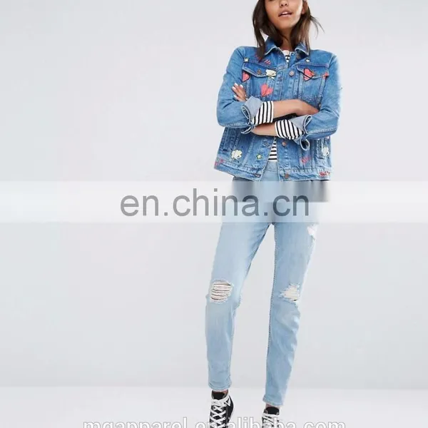 New Design 100% Cotton Jeans Jacket Women Badge Detail Jean Jacket Wholesale photo-5