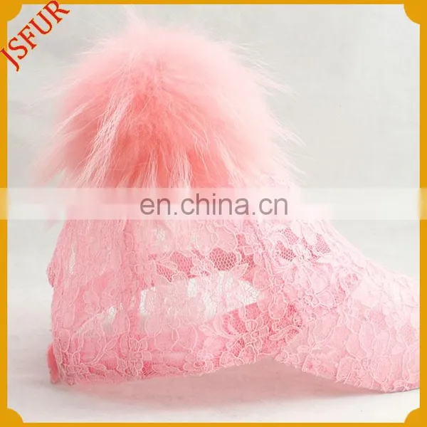 Beauty Pink Baseball Hat With Genuine Raccoon Fur Ball Spring Lace Hat