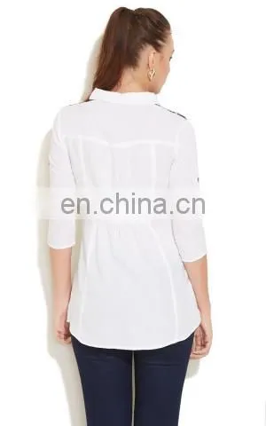 Adult Women's Fashion Lace Work at Shoulder Collar Neck Front Button Style High Quality Semi Sexy Sheer Sleeve Tops Lady Blouse photo-3