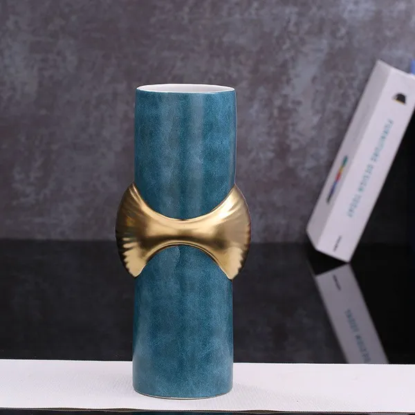 Light Luxury Blue Leather Concave Gild Ceramic Vase For Shopping Mall Hotel Decor photo-2