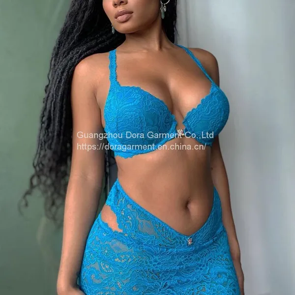2pcs Blue Mesh Lace Lingerie Dress Set photo-4