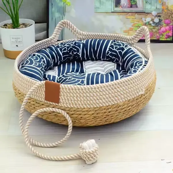 Removable Woven Cat Bed Upholstery Sleeping House Cat Scratch Floor Rattan Wear-resistant Washable Cat Cave Pet Supplies photo-4