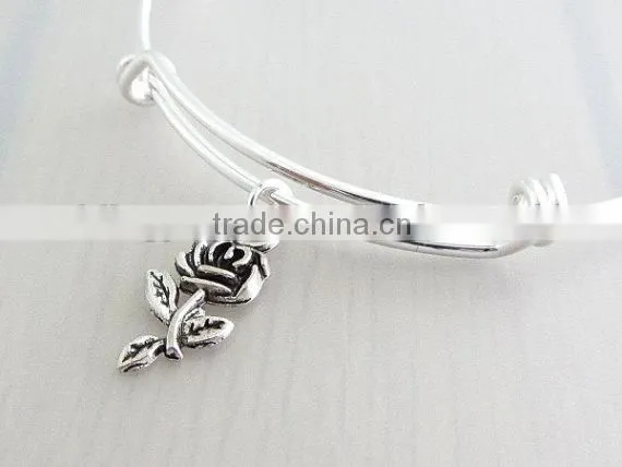 Custom Jewelry Handmade Silver Rose Flower Charm Bangle Adjustable photo-2