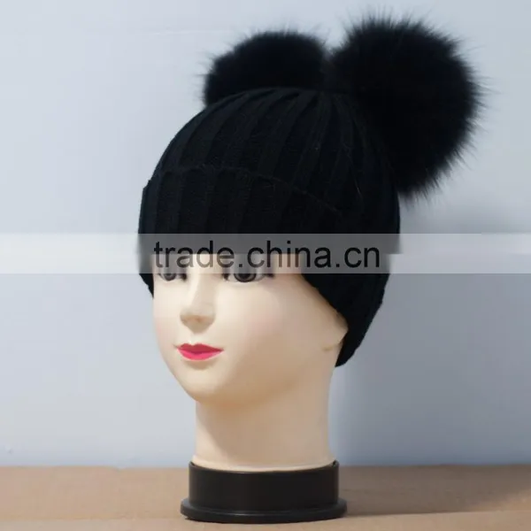 Girls Knitted Wool Hat Raccoon Fur Pompoms New Fashion photo-2