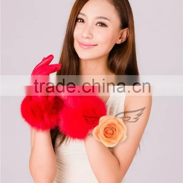 Cheap Cute Fashion Winter Warm Mittens Gloves Lamb Leather With Fox Fur Trimmings photo-4