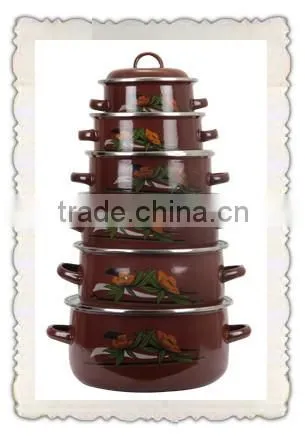 High Quality Dark Brown Colorful Decal Enamel Cookware Set Pot 6 Pcs Stock Belly Pot With Double Handle