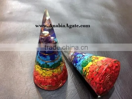 Orgone Cone : Wholesale Healing Orgone Cone With Copper Wire : Chakra Layered Copper Wire Wrapped Orgone Cones photo-3