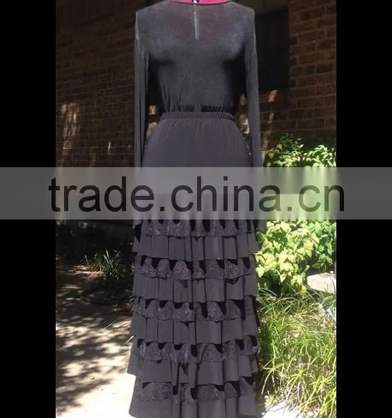 Ladies Modest Spandex Skirt Custom Mixed Lace Ruffle Bridesmaid Maxi Long Tiered Skirts photo-3