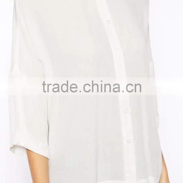 2015 New Fashionable Factory Point Collar Crinkle Oversize Blouse With Semi-sheer Woven Fabric photo-3