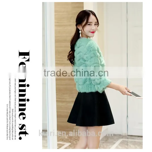 2016 New Women's Fashion Imitation Real Rabbit Fur Nine Quarter Sleeve O-neck Wide Strips Short Jacket Coat photo-6