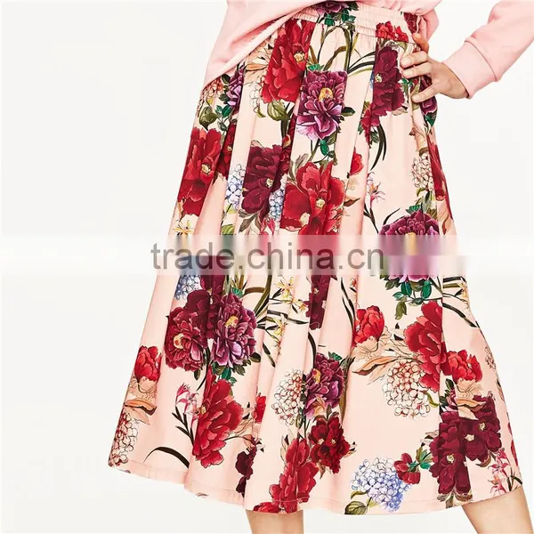 2017 OEM Spring Elegant Flower-printed Circle Skirt With Side Pockets photo-2