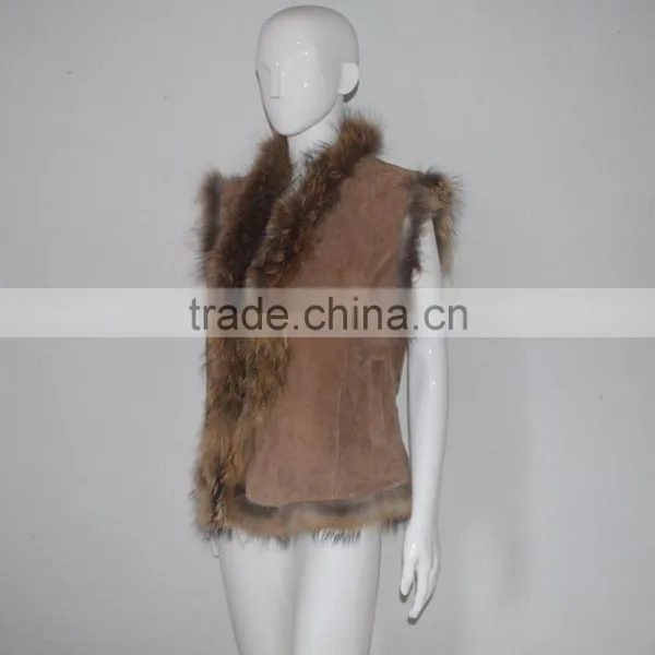 SJ185-01 Europe Design Pig Suede Camel Vest With Raccoon
