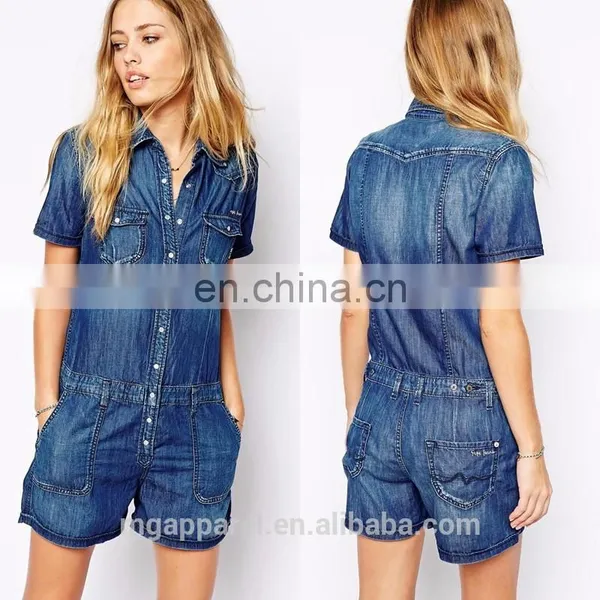 Fashion 2015 Denim Playsuit Side Pockets Jean Denim Romper for Ladies