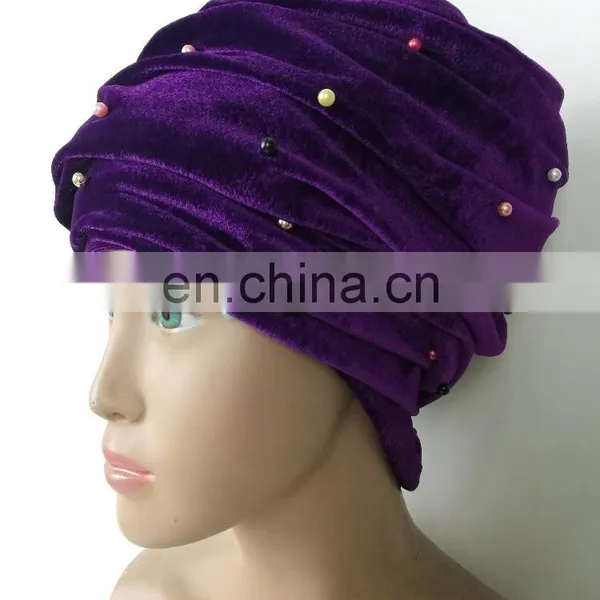 Plain Color Soft Velvet Turban Head Wrap With Beads for Women photo-2