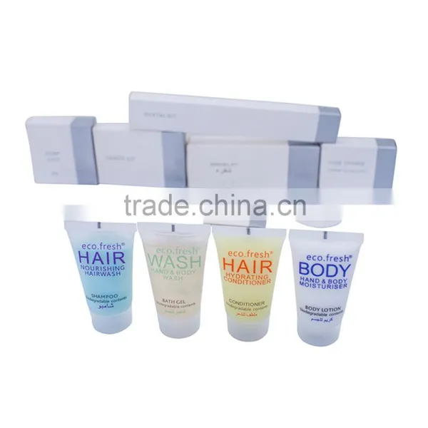 Hotel Bathroom Set: shampoo, conditioner, bath gel, body lotion