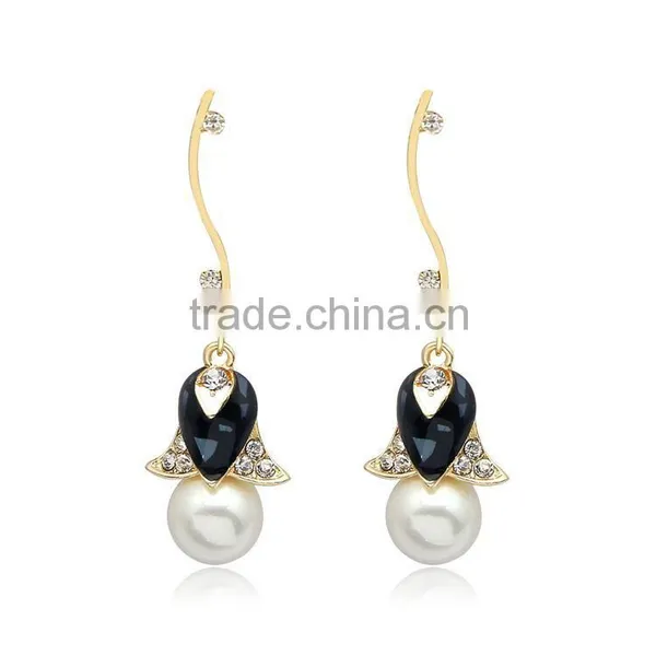 Bridal Wedding Golden Crystal Pearl Flower Drop Dangle Earrings photo-5