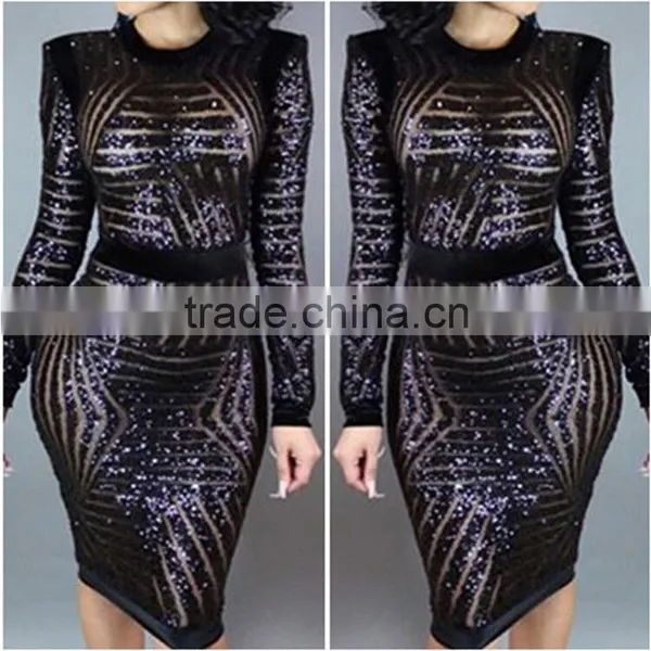 Womens Sexy Gold Sequin Bodycon Dress Long Sleeve Club Dress photo-4