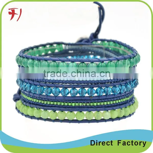 Multilayer Plum Crystal Beaded On Natural Leather Wrap Bracelet