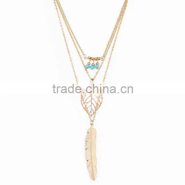 Latest Fancy Design Necklaces Jewelries Bohemia Style Three Tiny Turquoise Hollow Leaf Long Feather Multi Layer Necklaces photo-3