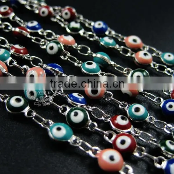 5mm Red,pink,green,blue Enameled Round Turkish Evil Eye Beads Links Silver Plated Brass Necklace Chain DIY Supplies 1312024 photo-3