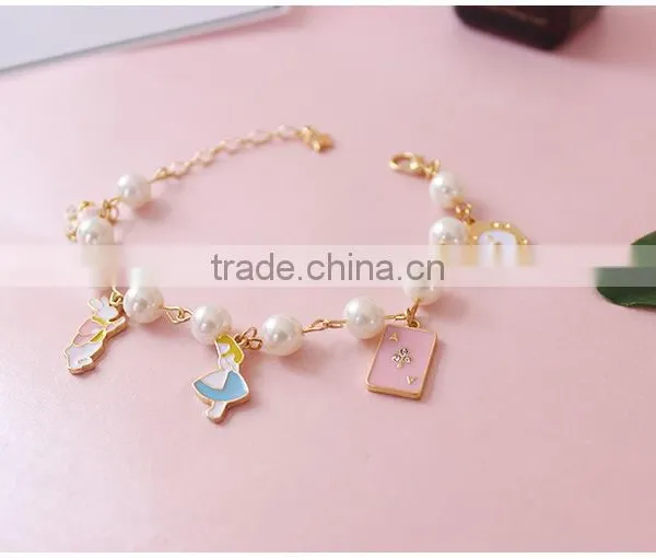 Enamel Rabbit Pumpkin Carriage the Playing Cards Clock Charms Bracelet Pearl Linked Bracelet With Assorted Charms photo-2