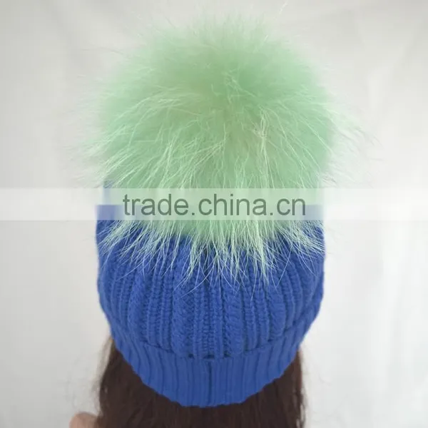 Myfur Wholesale Adults Size Wool Cable Knitting Beanie Hat With Colorful Raccoon Fur Pom Pom photo-3