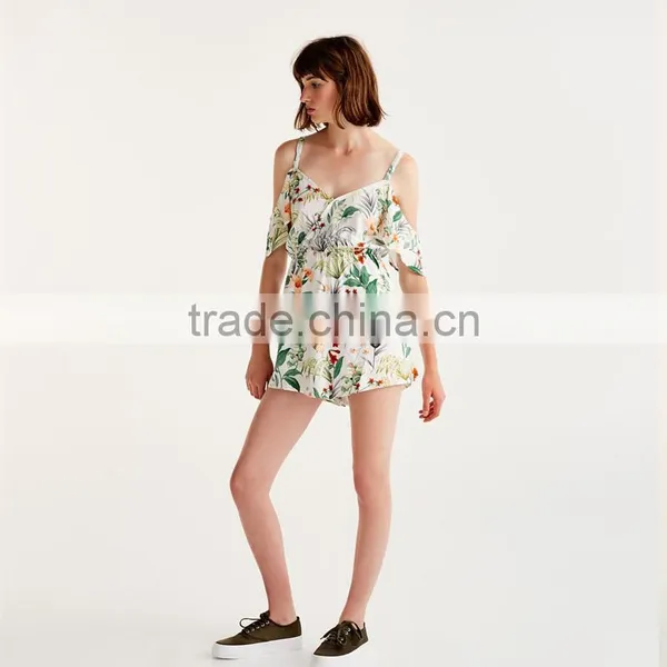 2017 Sexy V-neck and Bare Shoulder Ladies Short Floral Printed Jumpsuit photo-2