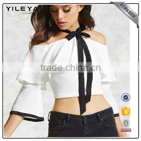 Flare Sleeve High Waist Crop Top off Shoulder Self-tie Front Tops