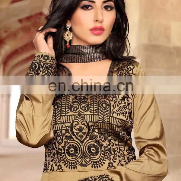 Beige Colored Taffeta Silk Heavy Embroidered Festive Wear Suit. photo-2