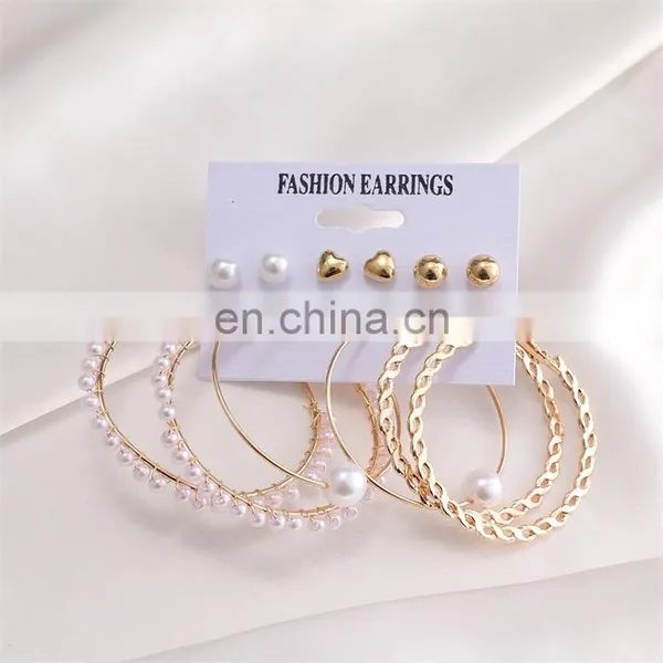 Wholesale 6pcs Weekly Amazon Hot Sell Acrylic Artificial Pearl Hoop Earrings for Kids Circle Tassel Woman Earrings Set photo-4