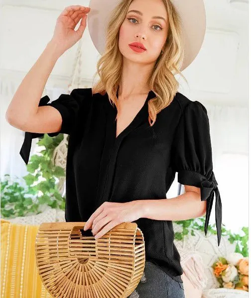V-NECK TIE SLEEVES SOLID BLOUSE TEXTURED WOVEN photo-3