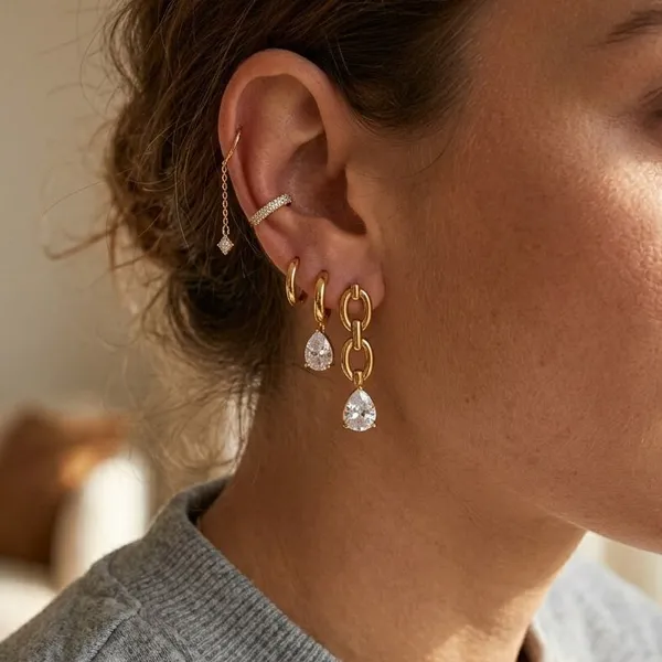Luxury Gold Plated Stainless Steel Drop Earrings Chain Link CZ Teardrop Dangle Earrings for Women Fashion Jewelry photo-4