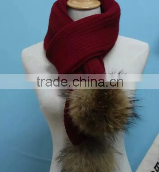 2016 Winter Newest Fashion 100% Real Raccon Fur Pompom Wool Knitted Women Crochet Scarf photo-4
