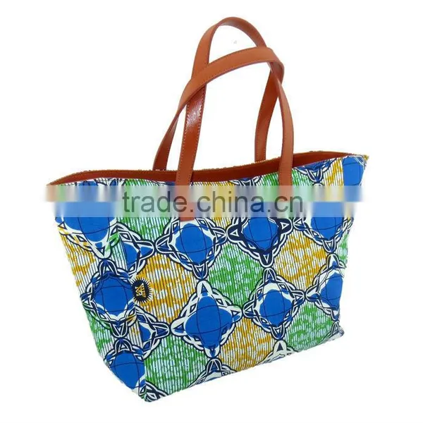 2013 Fashionable Leather and Printed Wax Fabric Women Handbag