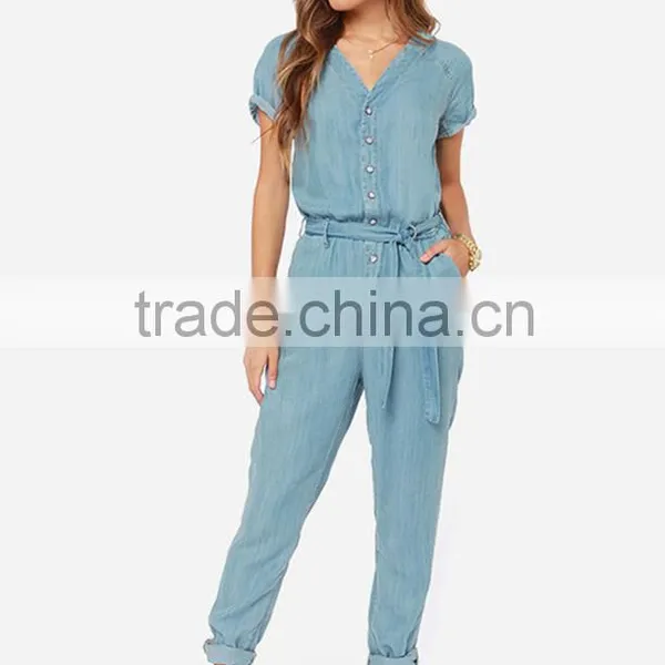 Women Sky Blue Belted Short Sleeve Slim Fit Jumpsuit Romper photo-5
