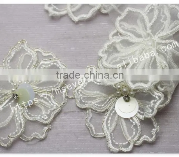 Beautiful Design 8.5cm Width Organza Flowers Beaded Lace in White photo-5