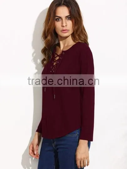 WOMEN'S APPAREL Burgundy Lace Up Long Sleeve T-shirt photo-3
