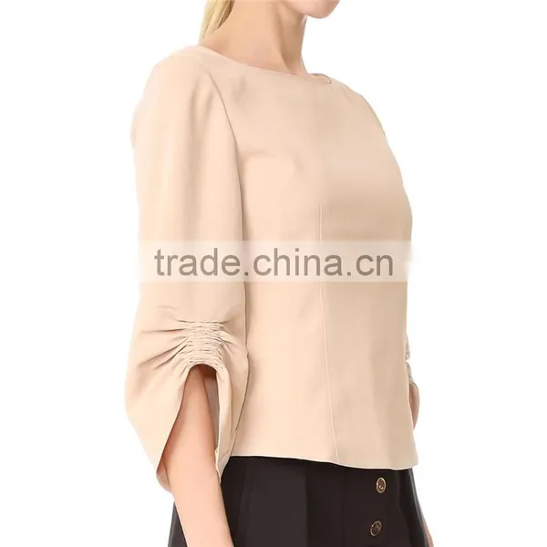 2017 OEM Smocked Elastic Gathered Cuff Wide Neckline Stylish Blouse photo-3