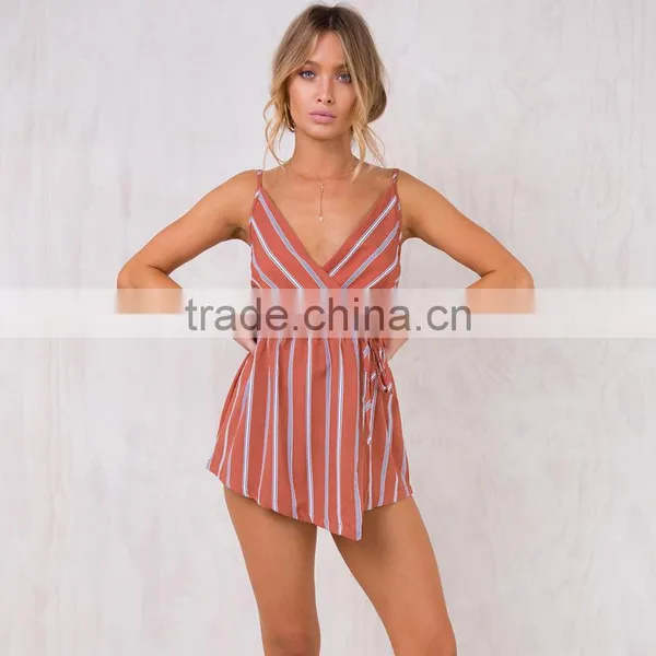Simple Linen Cotton Clothing Models for Women Fashion Striped Playsuit photo-5