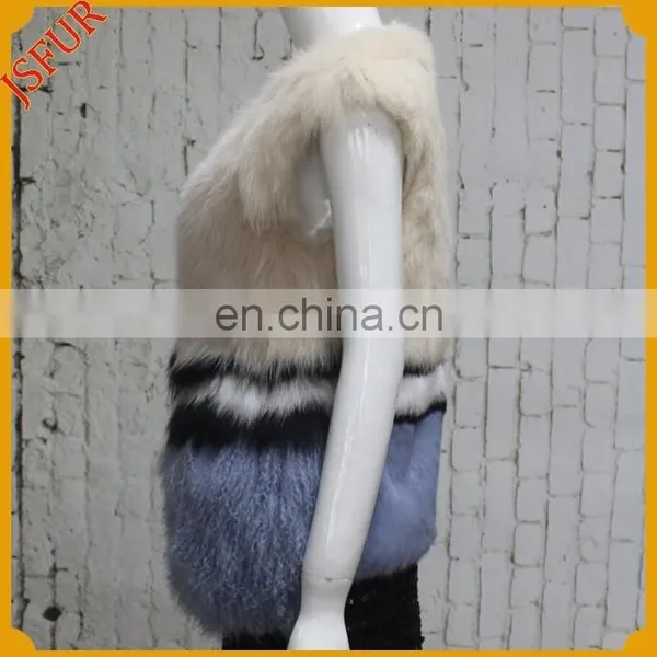 Simple Design Cross Striped Fur Waistcoat For Women Natural Rabbit Fur Vest With Mongolian Lamb Fur Trim photo-3