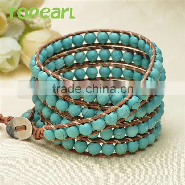 Topearl Jewelry Turquoise Fashion Bracelet Woven Leather Wrap Bracelet 33.5 Inches CLL135 photo-3