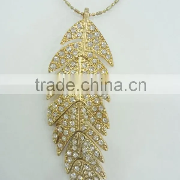FASHION LEAF PENDANT LONG NECKLACE WITH CRYSTAL STONES photo-2
